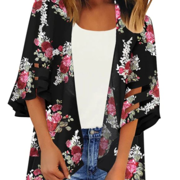 Kimono Cardigan Top Cover Up Blouse Beach Rose Chiffon Loose Shawl Print - Picture 3 of 10